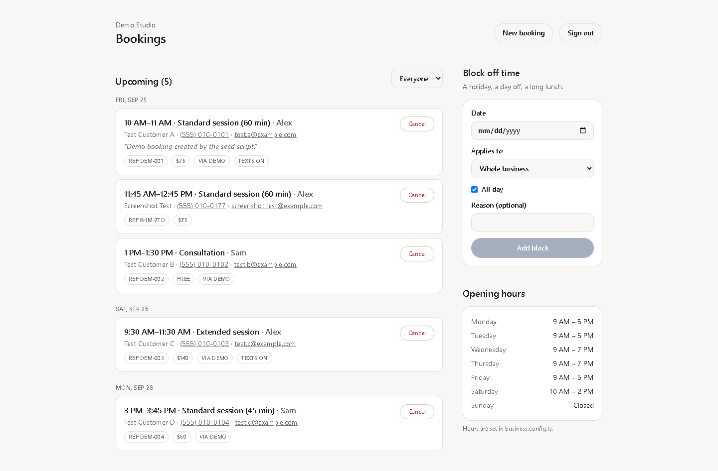 Admin view listing upcoming test bookings by day, with a form to block off time and the week's opening hours.