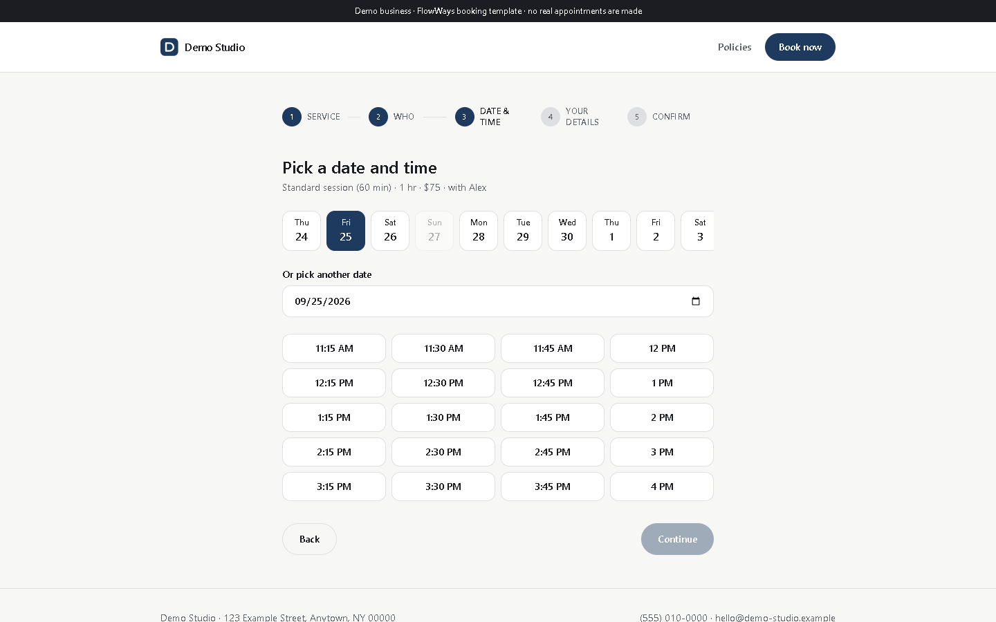 Booking page for Demo Studio: a 60-minute session with Alex, a row of upcoming days, and a grid of open times.