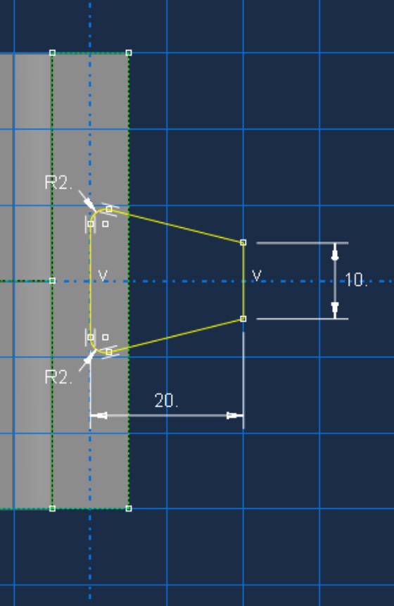 Dimensioned 2D sketch with R2 fillets driving an extrude