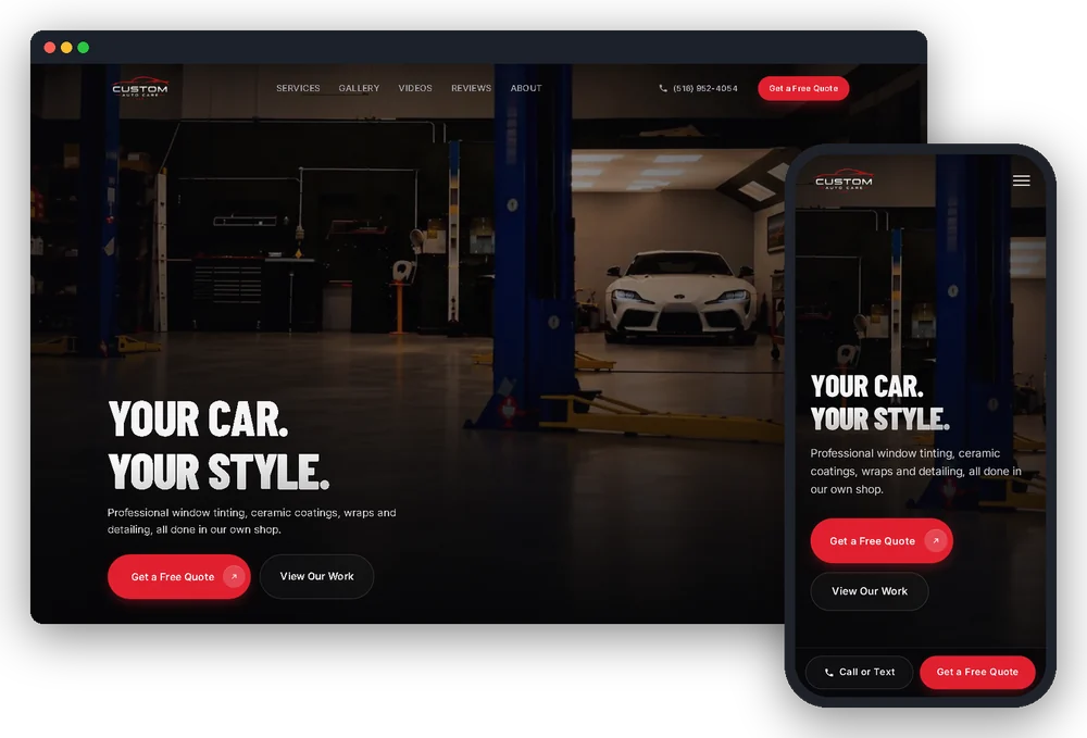 The Custom Auto Care site: the shop-floor hero behind the Premium Automotive Customization headline.