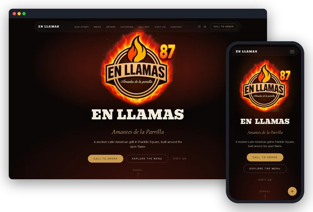 The En Llamas 87 site: the flaming badge logo centred on a dark hero, with Call to order and Explore the menu.