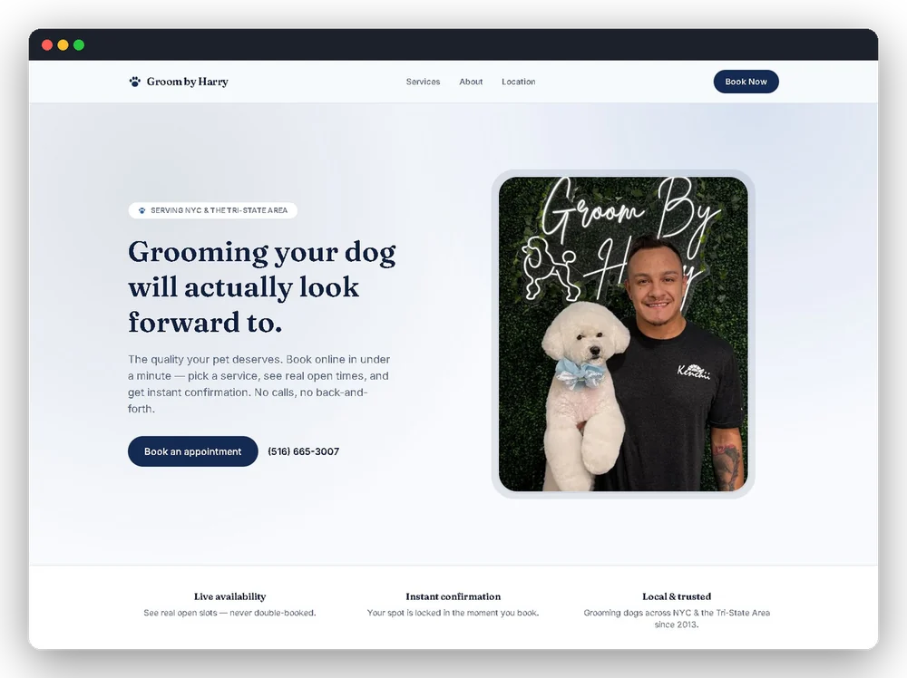 The Groom by Harry site on a laptop and a phone: Harry with a groomed bichon under the shop's neon sign, beside the booking headline